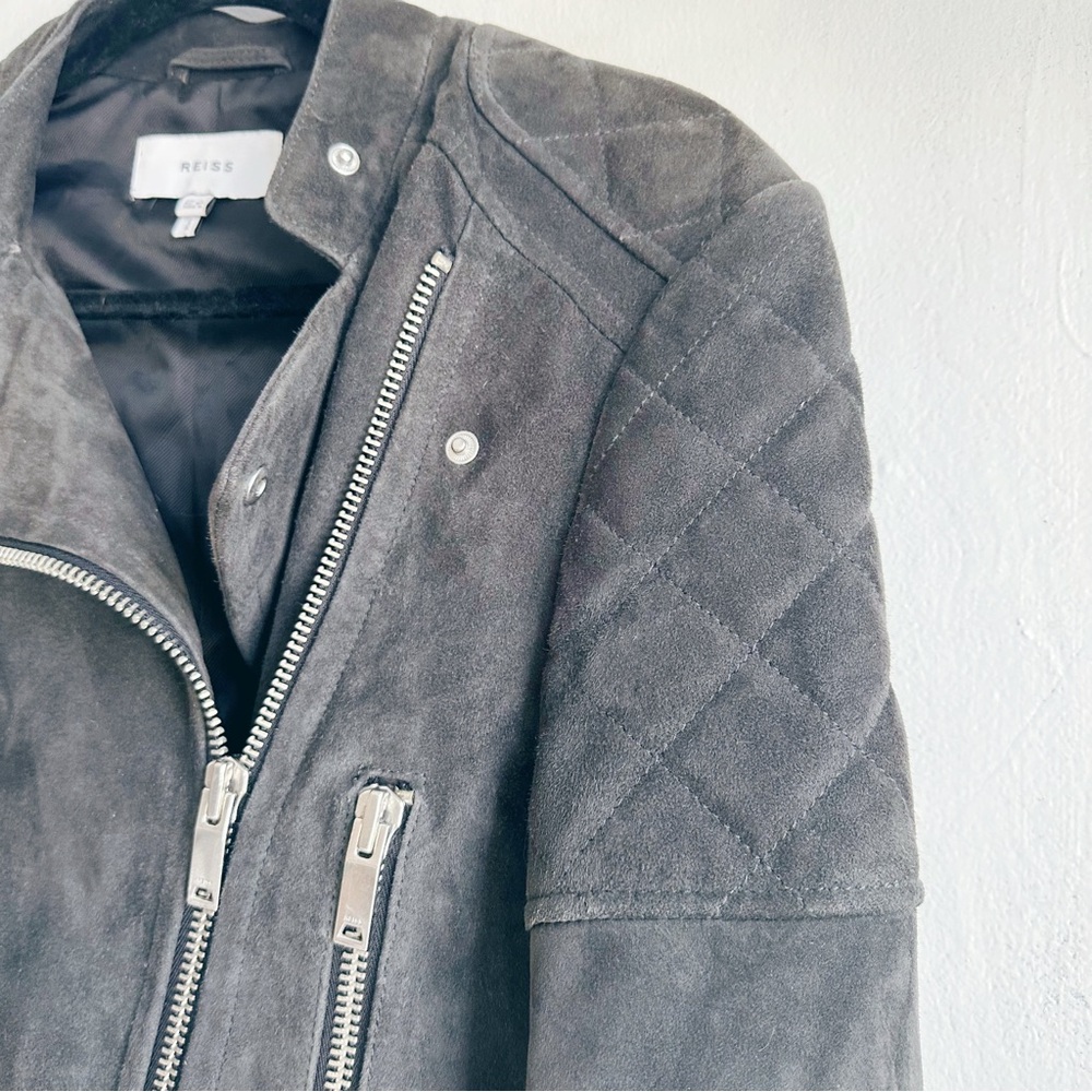 Reiss Charcoal Suede Biker Jacket 100% goat leather soft buckles moto size 4 - Picture 6 of 9